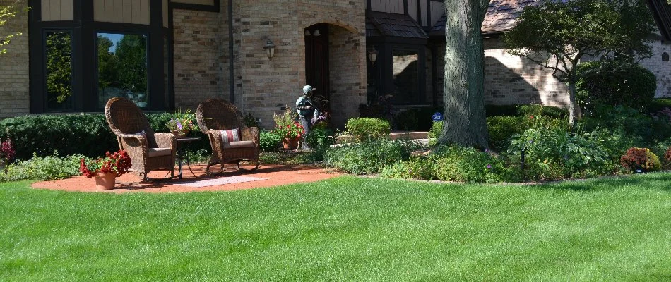 Lush lawn in Elm Grove, WI, and neat landscape with trees and shrubs.